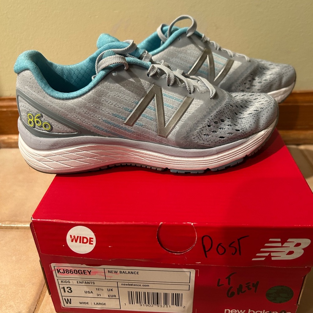 New Balance Girls  13 Wide Light Gray and Teal Sneakers